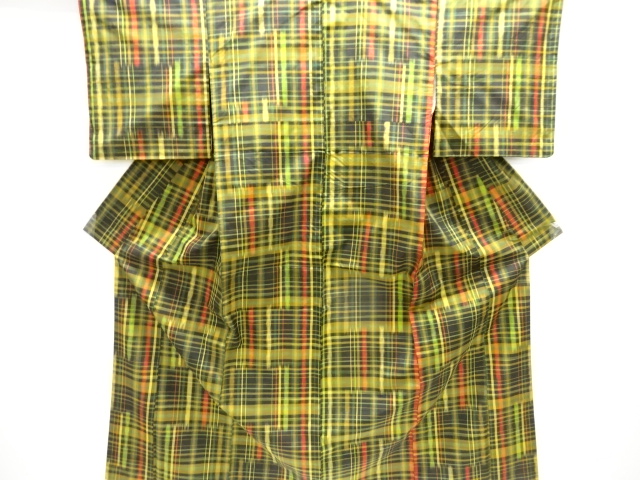 乱れ格子織り出し手織り節紬着物